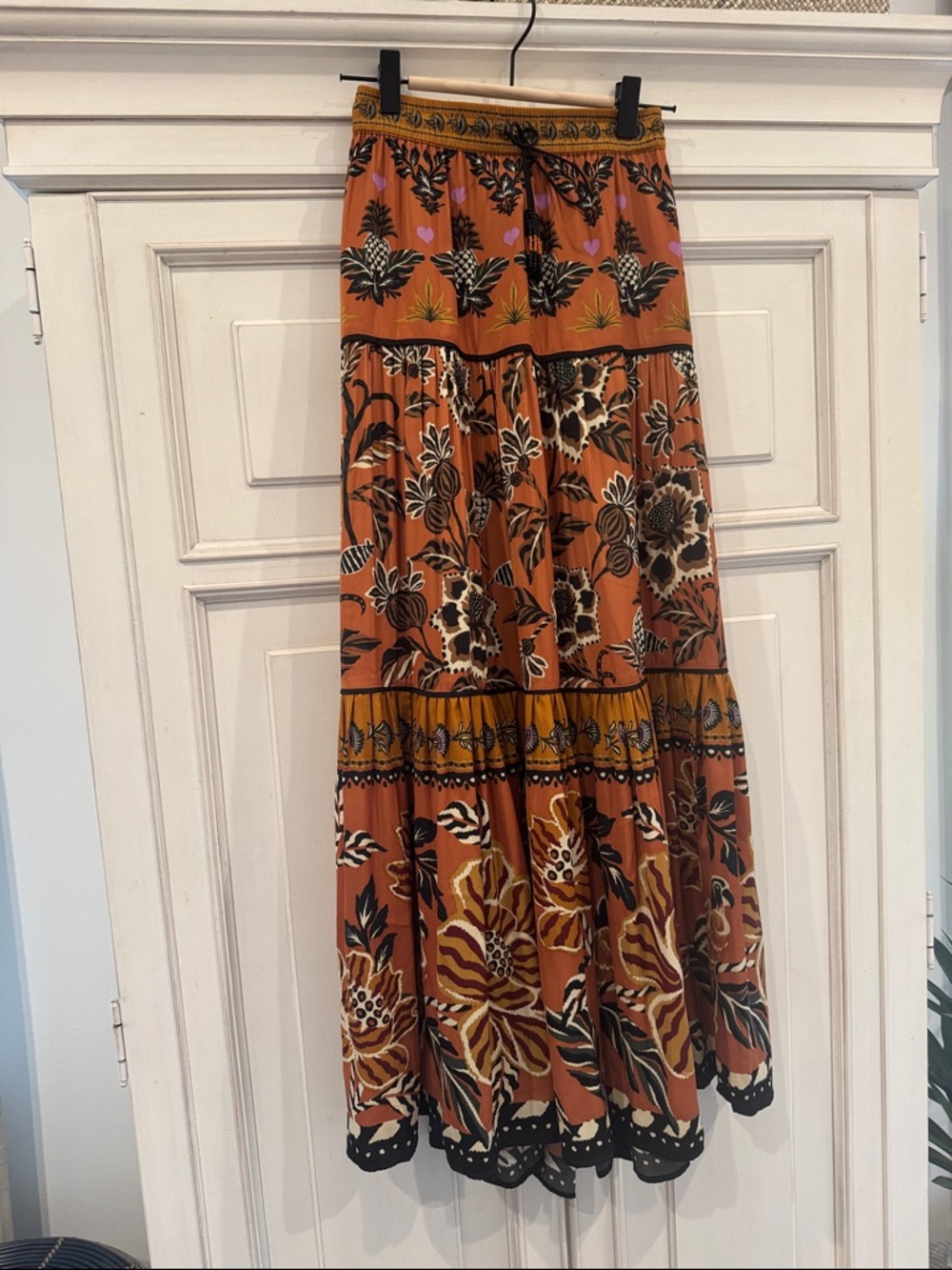 Bohemian Rust Floral Tiered Maxi Skirt